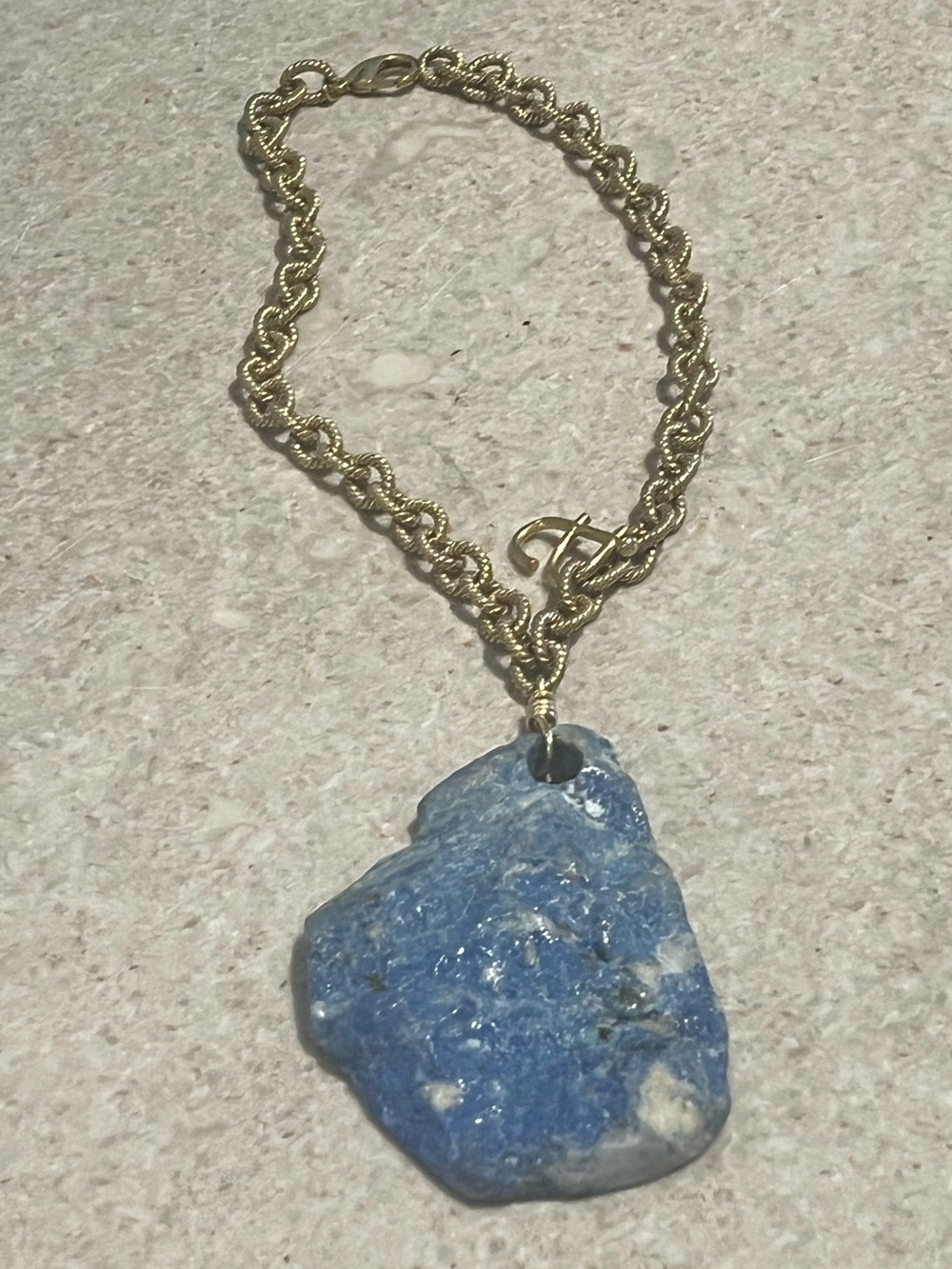Gold Chain Necklace with Blue Raw Stone Pendant